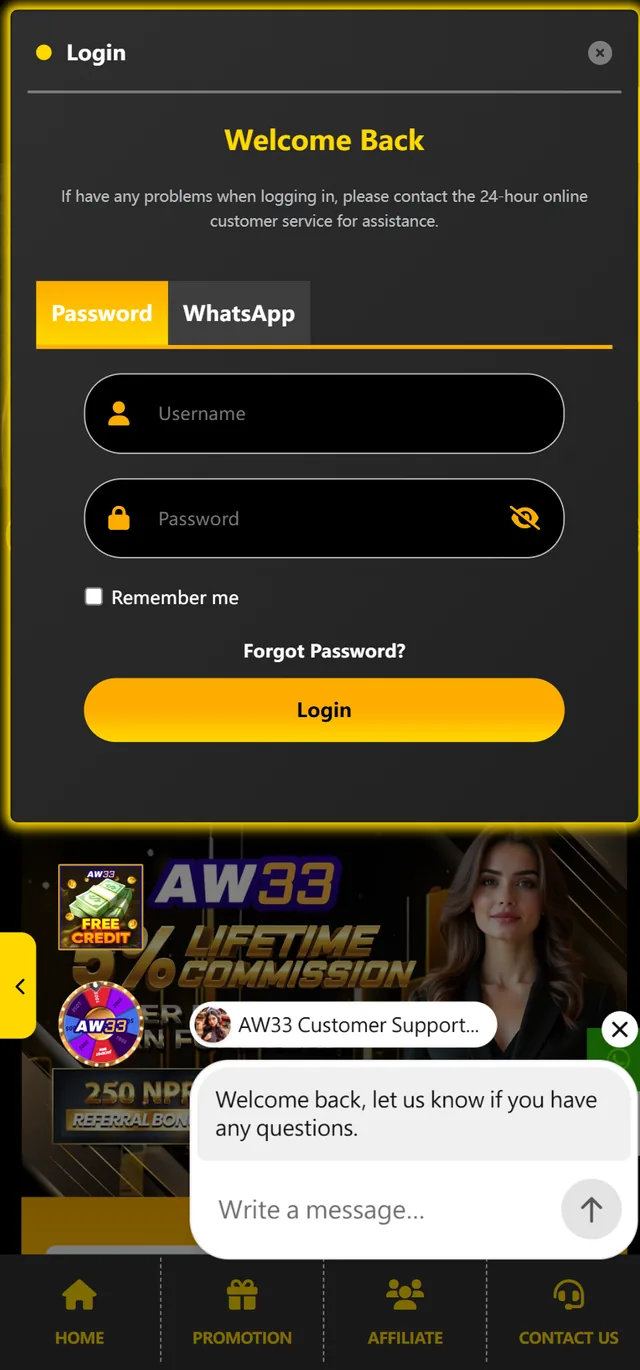 AW33 mobile login screen — Welcome Back, Password and WhatsApp tabs, username and password fields with Login button